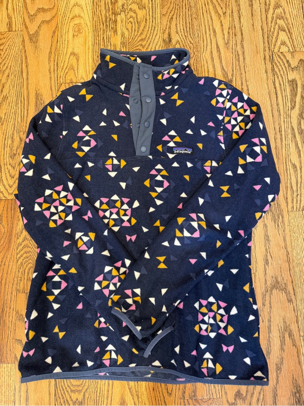 Patagonia Navy Fleece Pullover with Pink, Yellow & White Geometric Print
